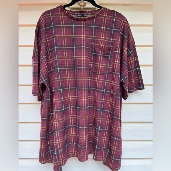 Zara W/B oversized maroon/yellow/black squares short-sleeved thick blouse, Small - Picture 1 of 8